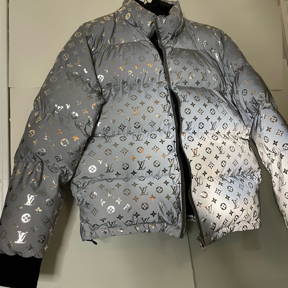 Rich boys street wear puffer jacket reflective silver metallic LV not authentic